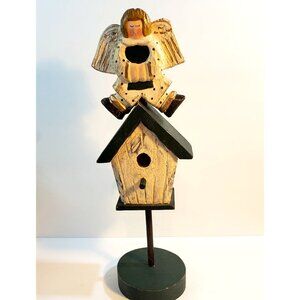 James Haddon Signed Hand Carved Hand Painted Folk Art Angel Birdhouse on Stand